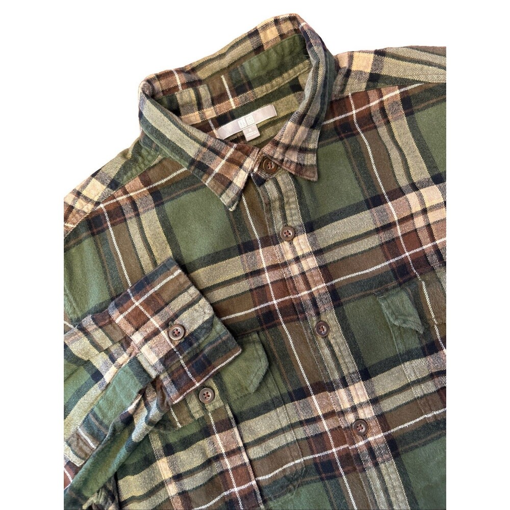 UNIQLO Plaid Flannel Shirt Men's Medium Green Brown L/S Cabincore Grunge Skater